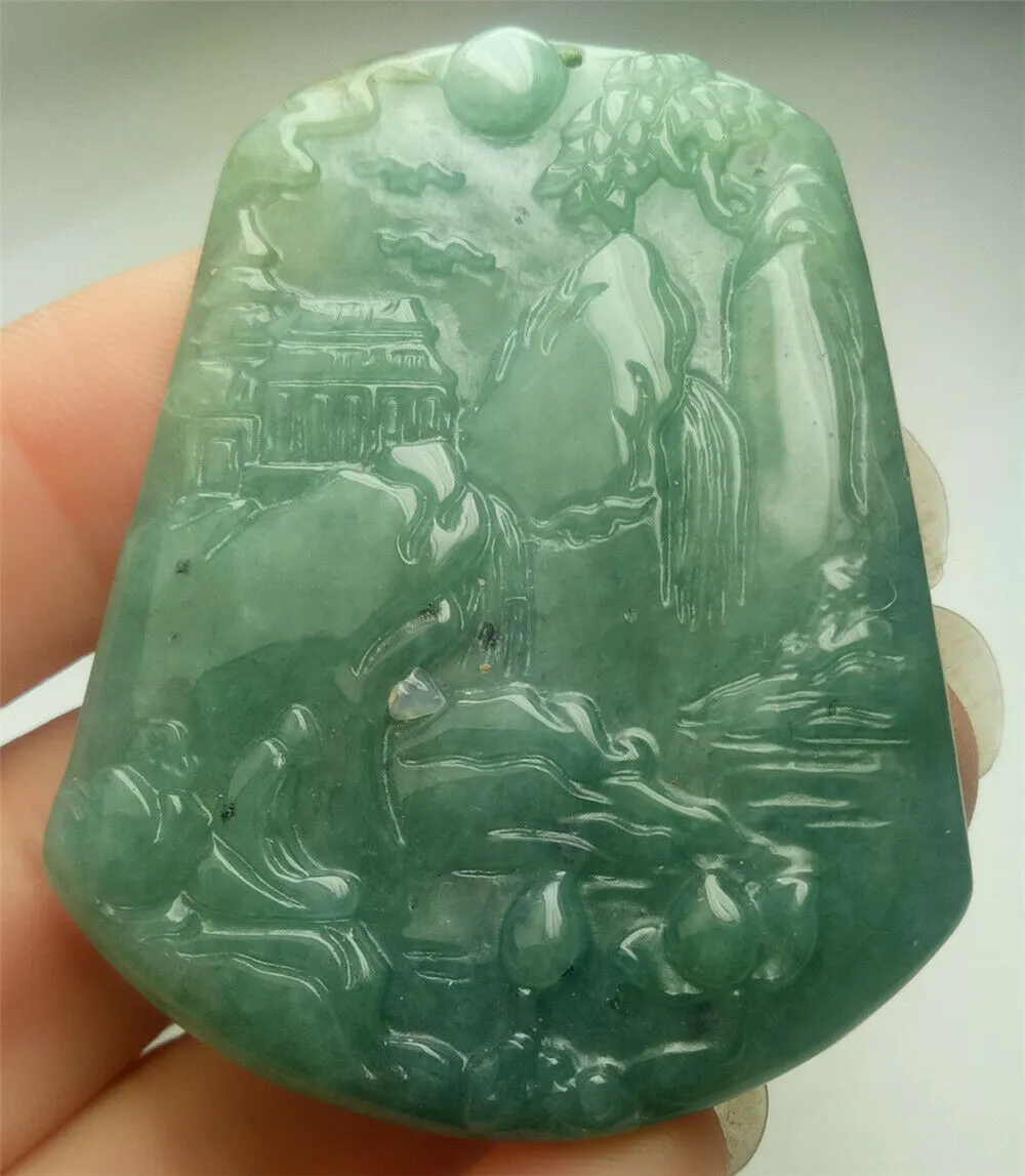 10% OFF- Certified Natural Blue Green Jadeite Emerald A*Jade HandCarved Beautiful Landscape Pendant A0697