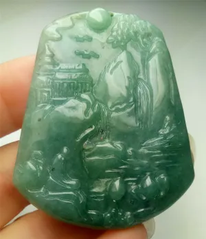 10% OFF- Certified Natural Blue Green Jadeite Emerald A*Jade HandCarved Beautiful Landscape Pendant A0697