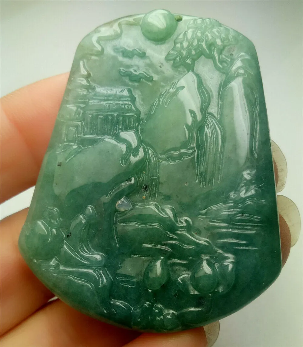 10% OFF- Certified Natural Blue Green Jadeite Emerald A*Jade HandCarved Beautiful Landscape Pendant A0697