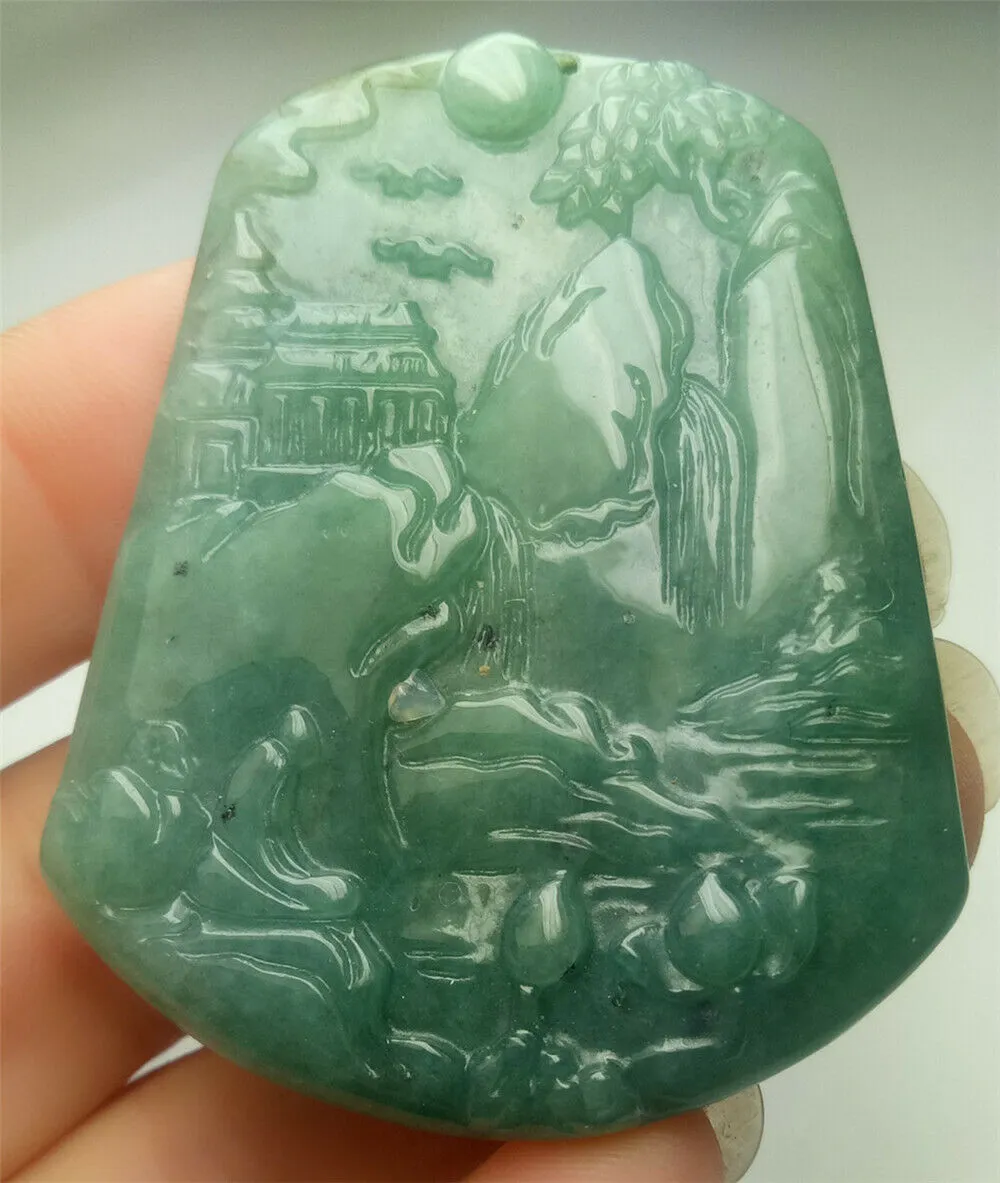 10% OFF- Certified Natural Blue Green Jadeite Emerald A*Jade HandCarved Beautiful Landscape Pendant A0697