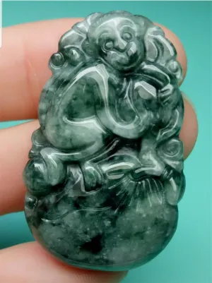 10% OFF- Certified Natural Jadeite Emerald A*Jade HandCarved Lucky Monkey YuanBao Pendant A