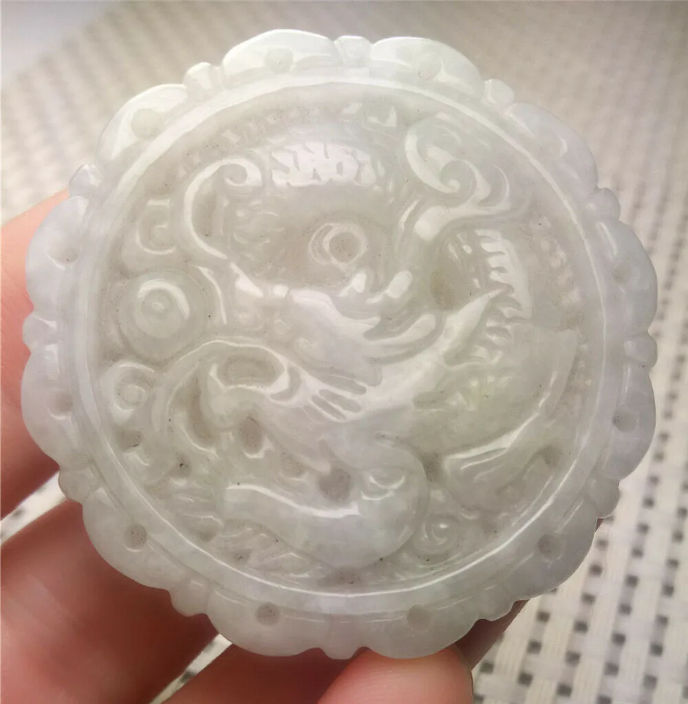 10% OFF- Certified Natural White Jadeite Emerald A*Jade HandCarved Lucky White Dragon Jade Pendant A2716