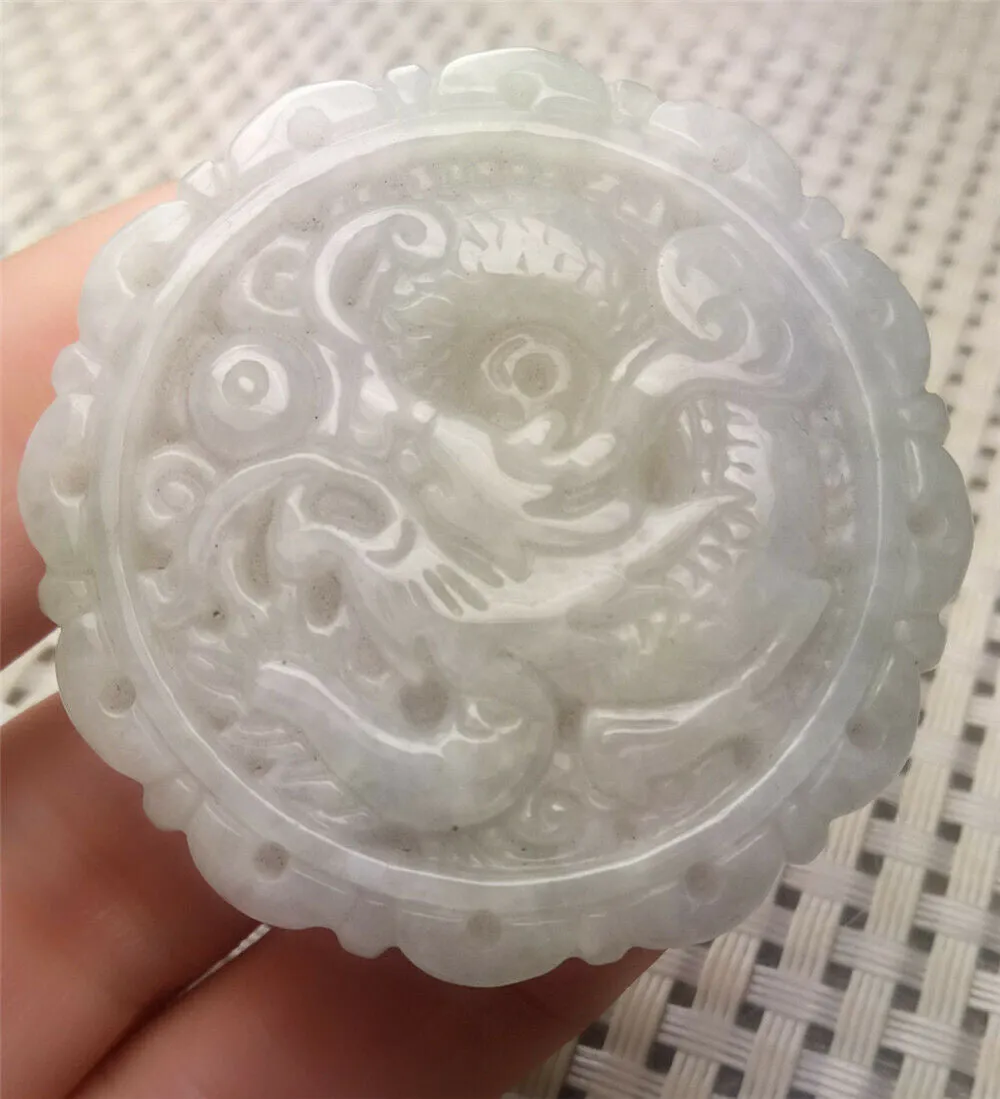10% OFF- Certified Natural White Jadeite Emerald A*Jade HandCarved Lucky White Dragon Jade Pendant A2716