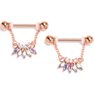 14 Gauge 9/16 Aurora Gem Rose Gold Tone Fashion Fan Dangle Nipple Ring Set
