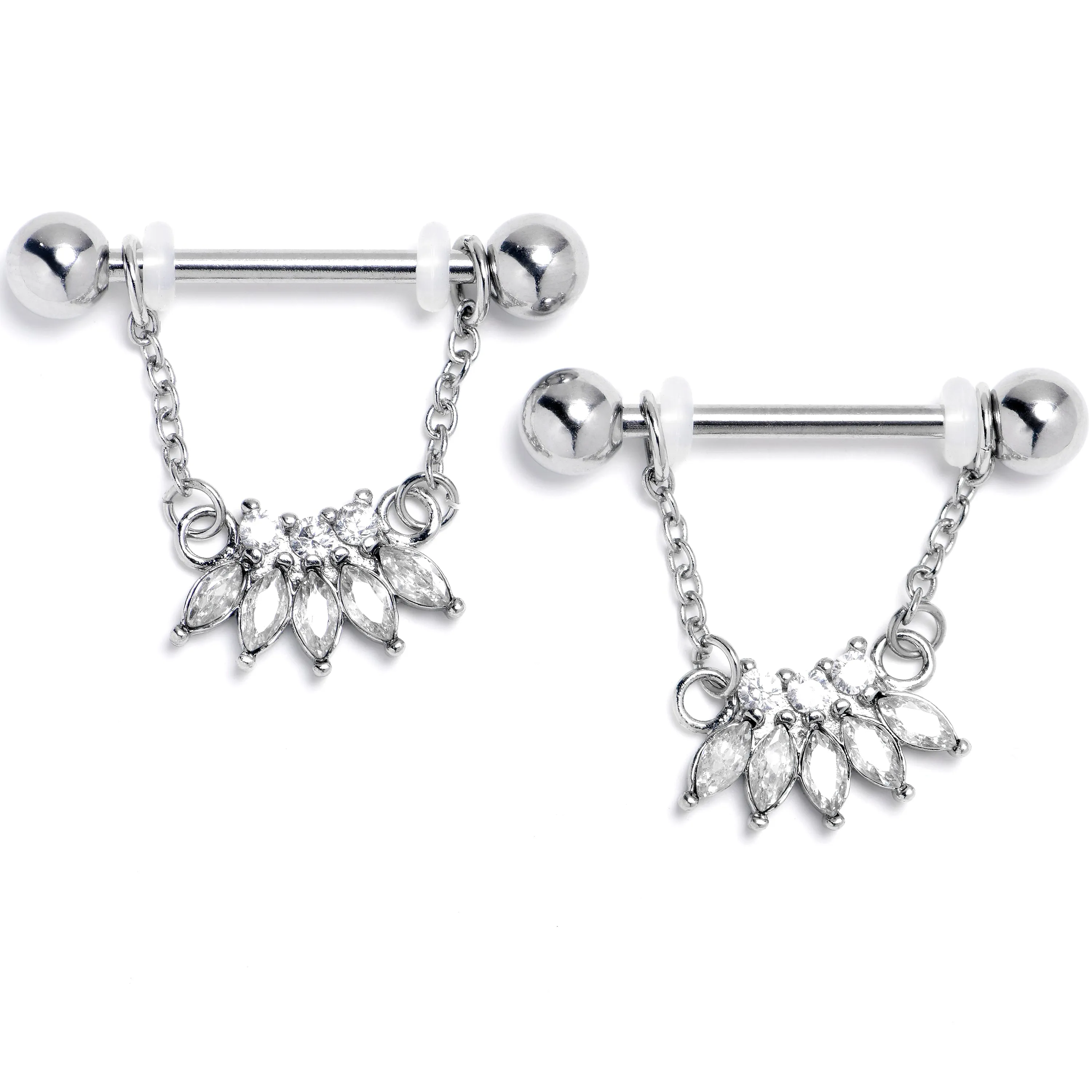 14 Gauge 9/16 Clear Gem Fashion Fan Chain Dangle Nipple Ring Set