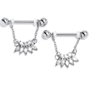 14 Gauge 9/16 Clear Gem Fashion Fan Chain Dangle Nipple Ring Set