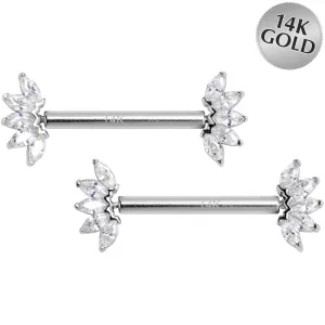 14 Gauge 9/16 Solid 14k White Gold CZ Floral Push In Threadless Nipple Ring Set