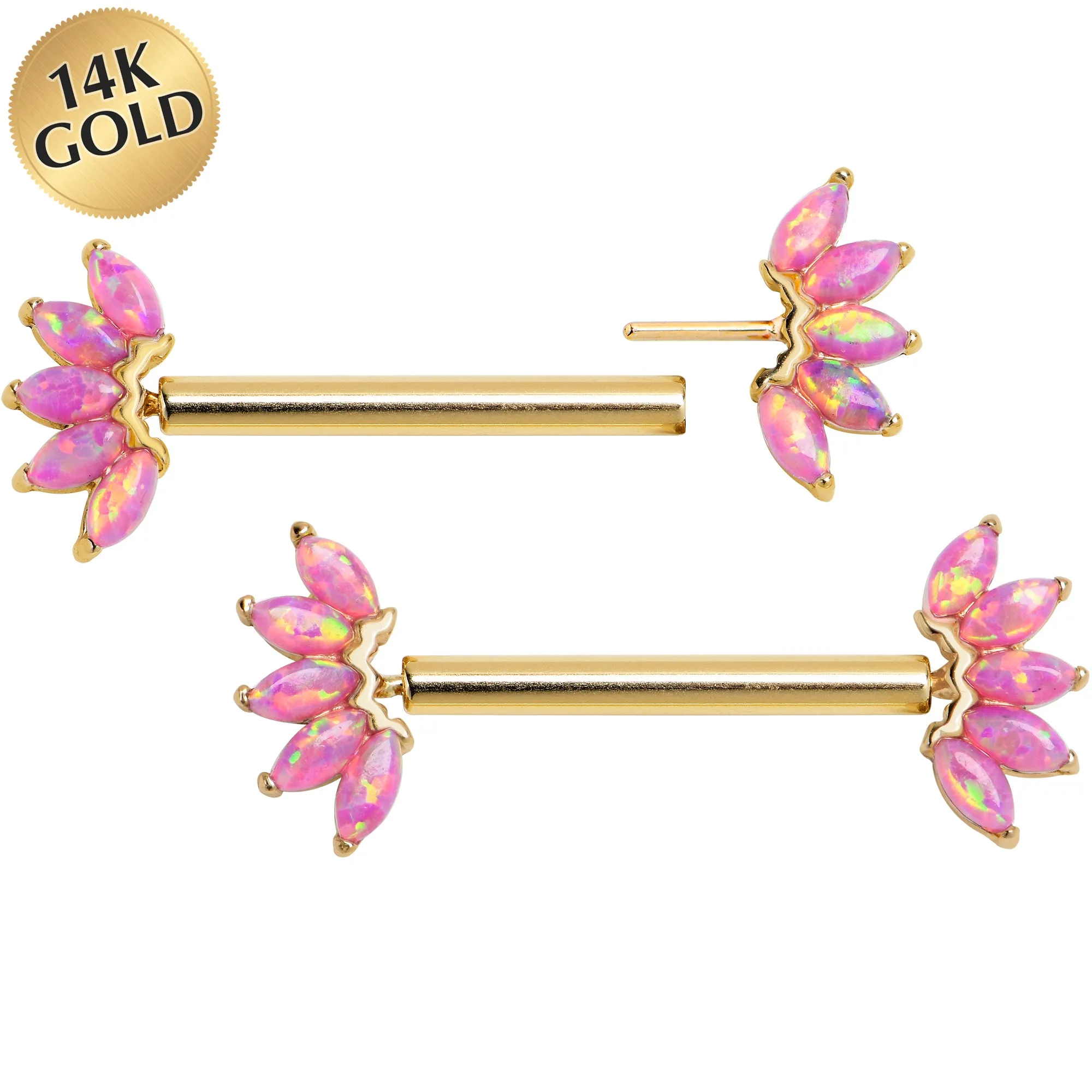 14 Gauge 9/16 Solid 14k Yellow Gold Synthetic Opal Floral Push In Threadless Nipple Ring Set