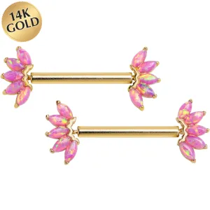 14 Gauge 9/16 Solid 14k Yellow Gold Synthetic Opal Floral Push In Threadless Nipple Ring Set