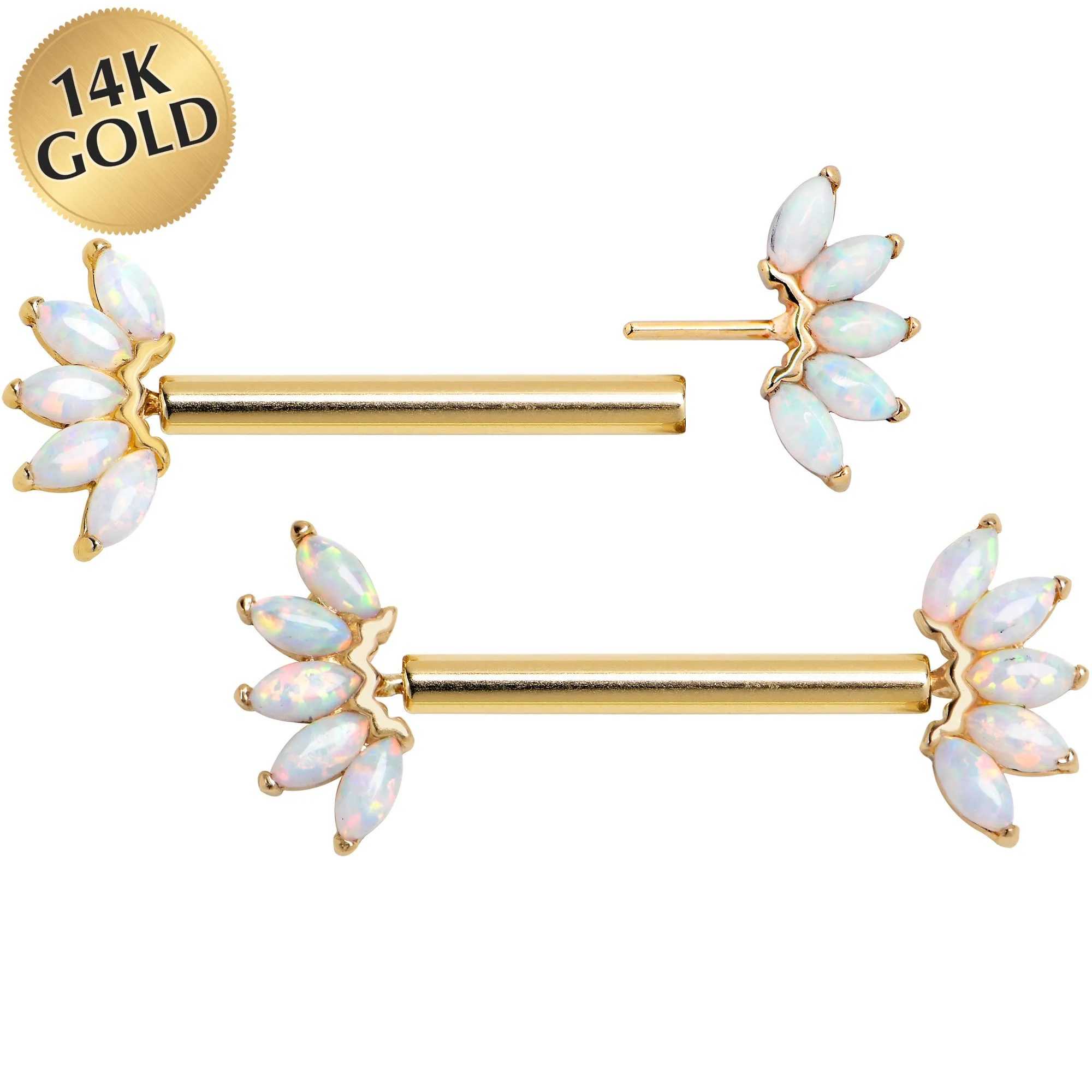 14 Gauge 9/16 Solid 14k Yellow Gold Synthetic Opal Floral Push In Threadless Nipple Ring Set