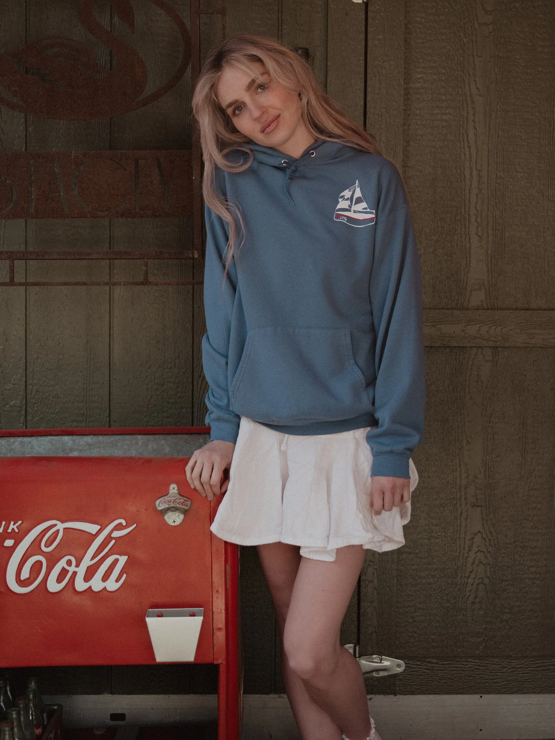 1776 USA Sailboat Denim Blue Thrifted Hoodie