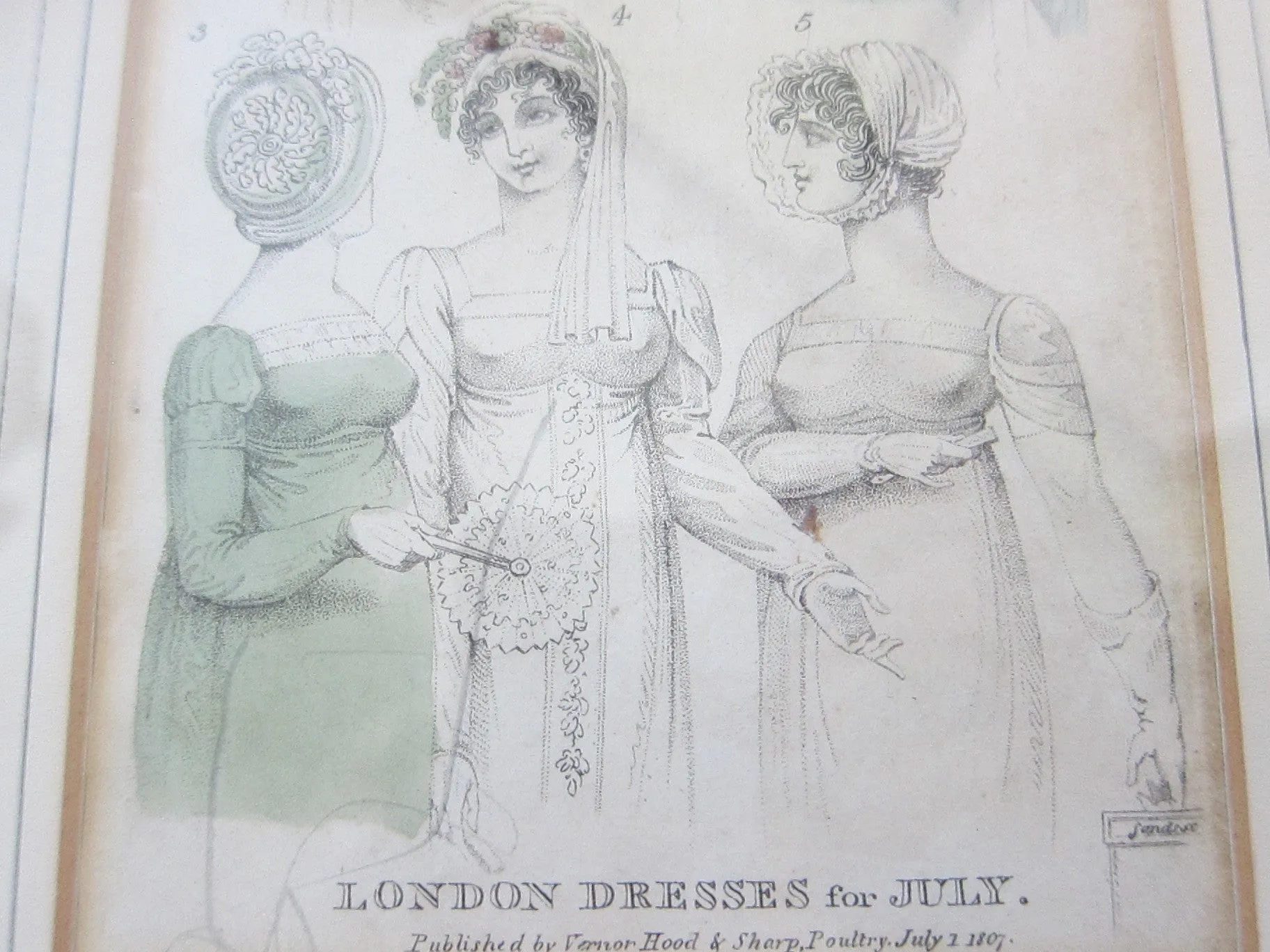 19th C Antique Fashion Print by Vernor Hood & Sharp Poultry "London Dresses"