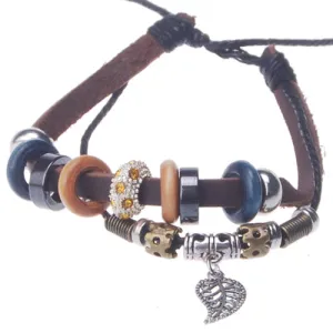 2013-2014 Summer popular hot sale tree leaf charm beaded hand-woven  leather bracelet,Deep Coffee,sold 10pcs per pkg