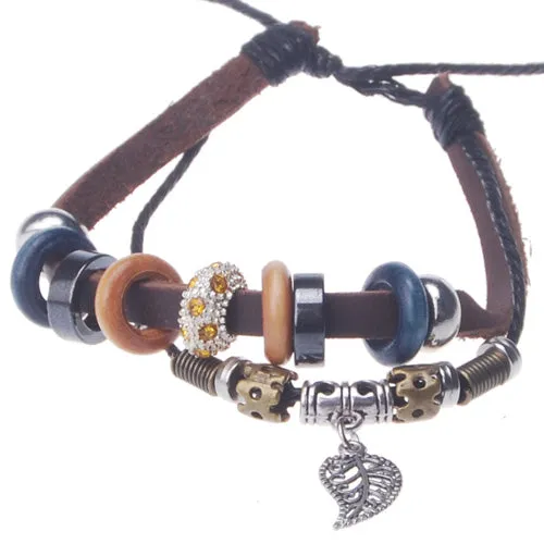 2013-2014 Summer popular hot sale tree leaf charm beaded hand-woven  leather bracelet,Deep Coffee,sold 10pcs per pkg