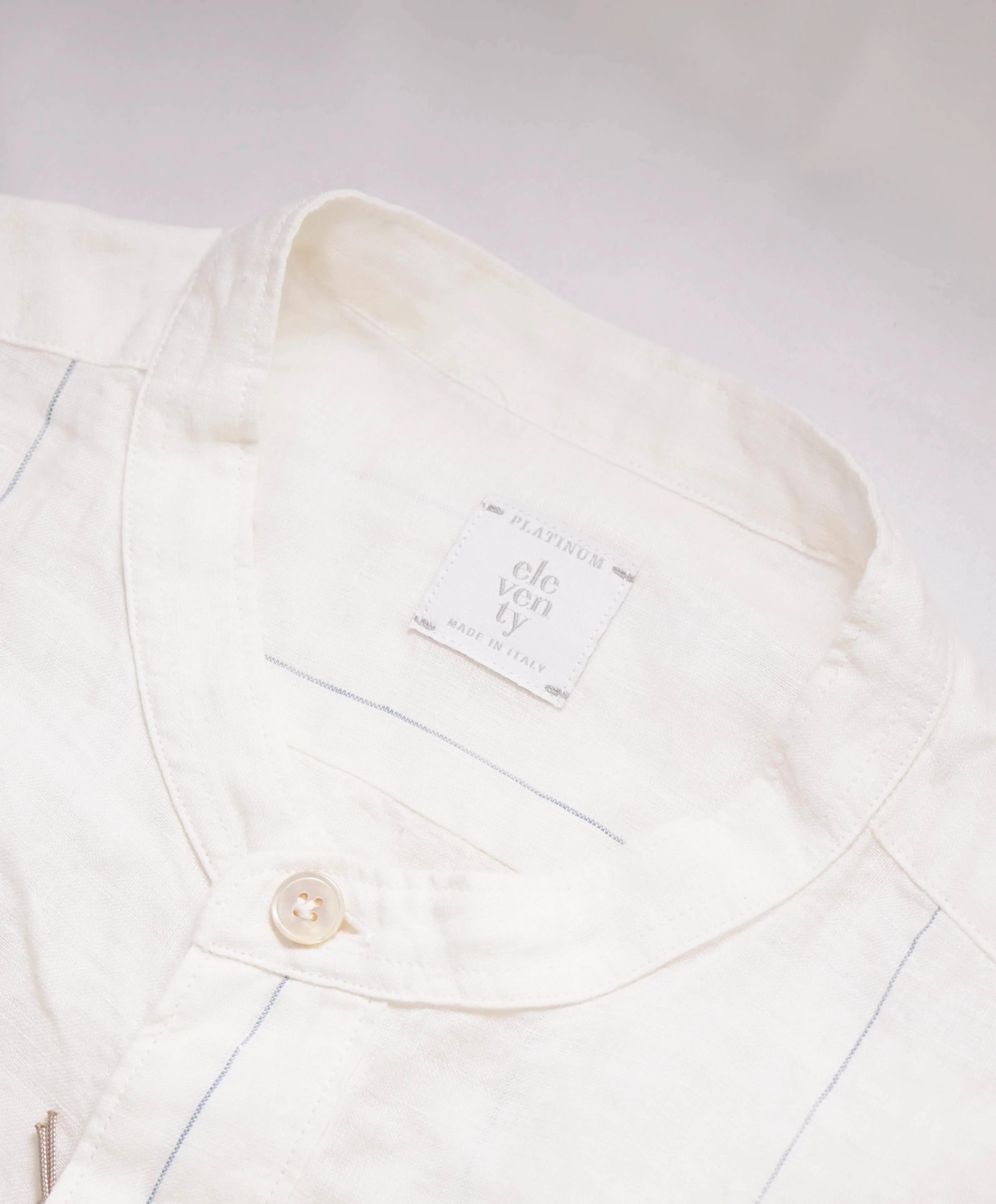 $395 ELEVENTY - PURE LINEN Ivory/Blue Collarless Button Dress Shirt - L (41)