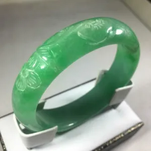 56-58mm Certified Natural Green Jadeite Emerald A Jade HandCarved Ruyi Flower Bracelet Bangle GX3138 with Gift Box