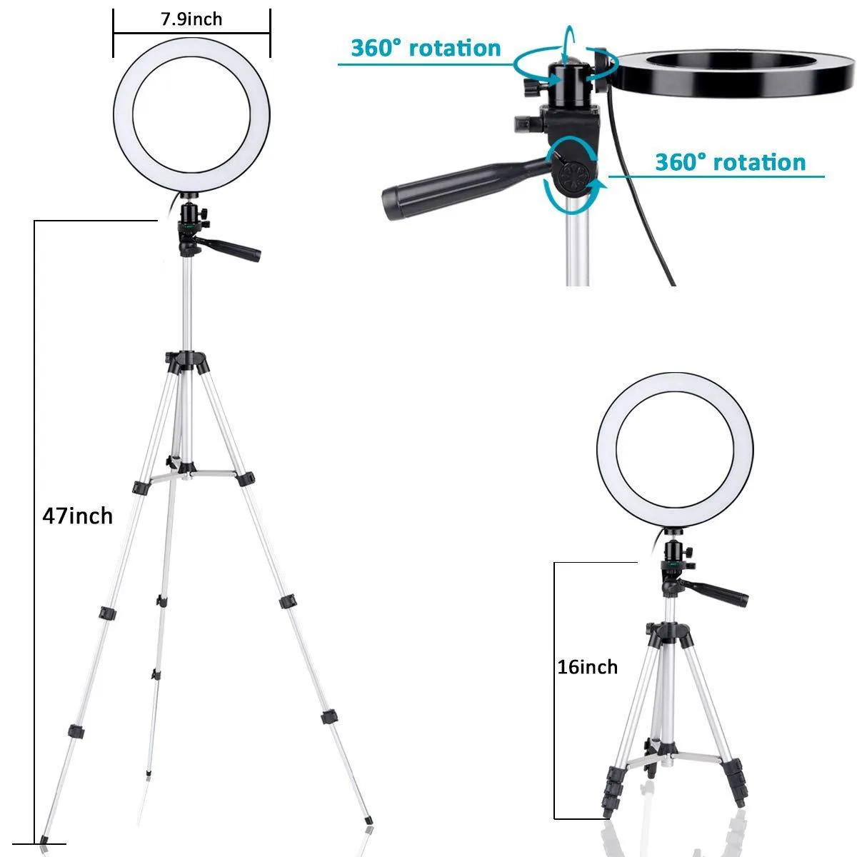 7.9-inch Led Fill Light Dimmable Ring Portable Ring Light with Tripod Silver