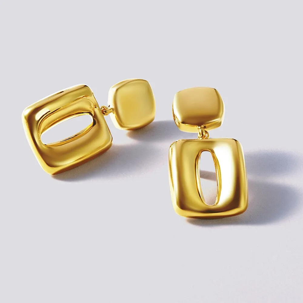 9ct Yellow Gold Silver Infused 90's Vintage Square Cut Out Drop Earrings