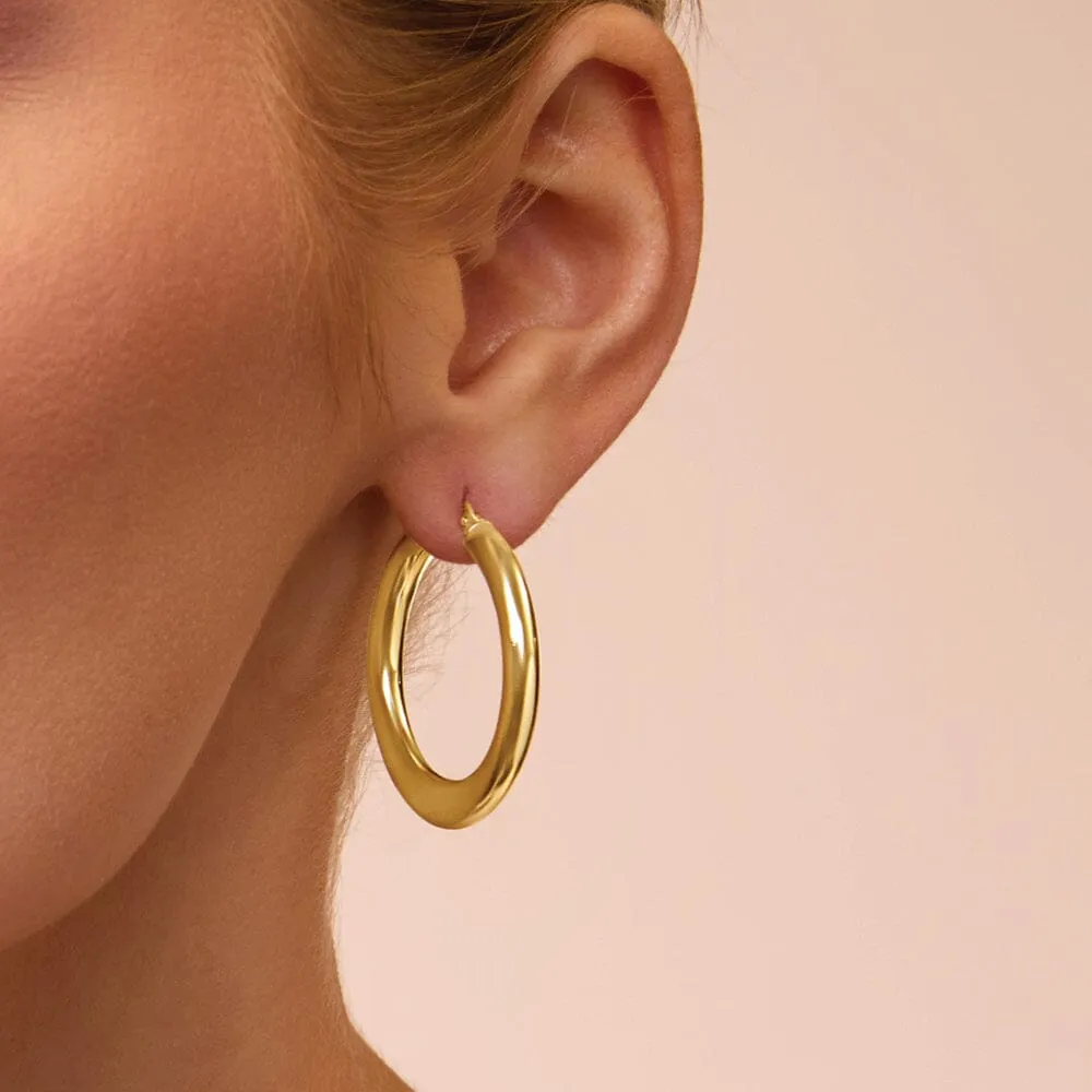9ct Yellow Gold Silver Infused Bold Knife Edge Round Hoop Earrings