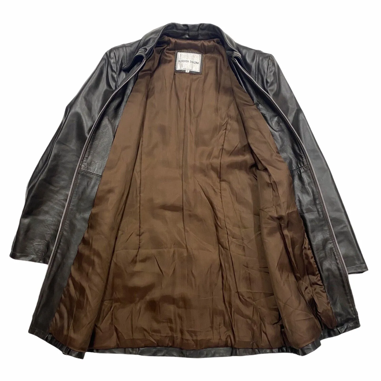 Alberta Tanzini Women's Long Leather Coat | Vintage High End Designer Dark Brown