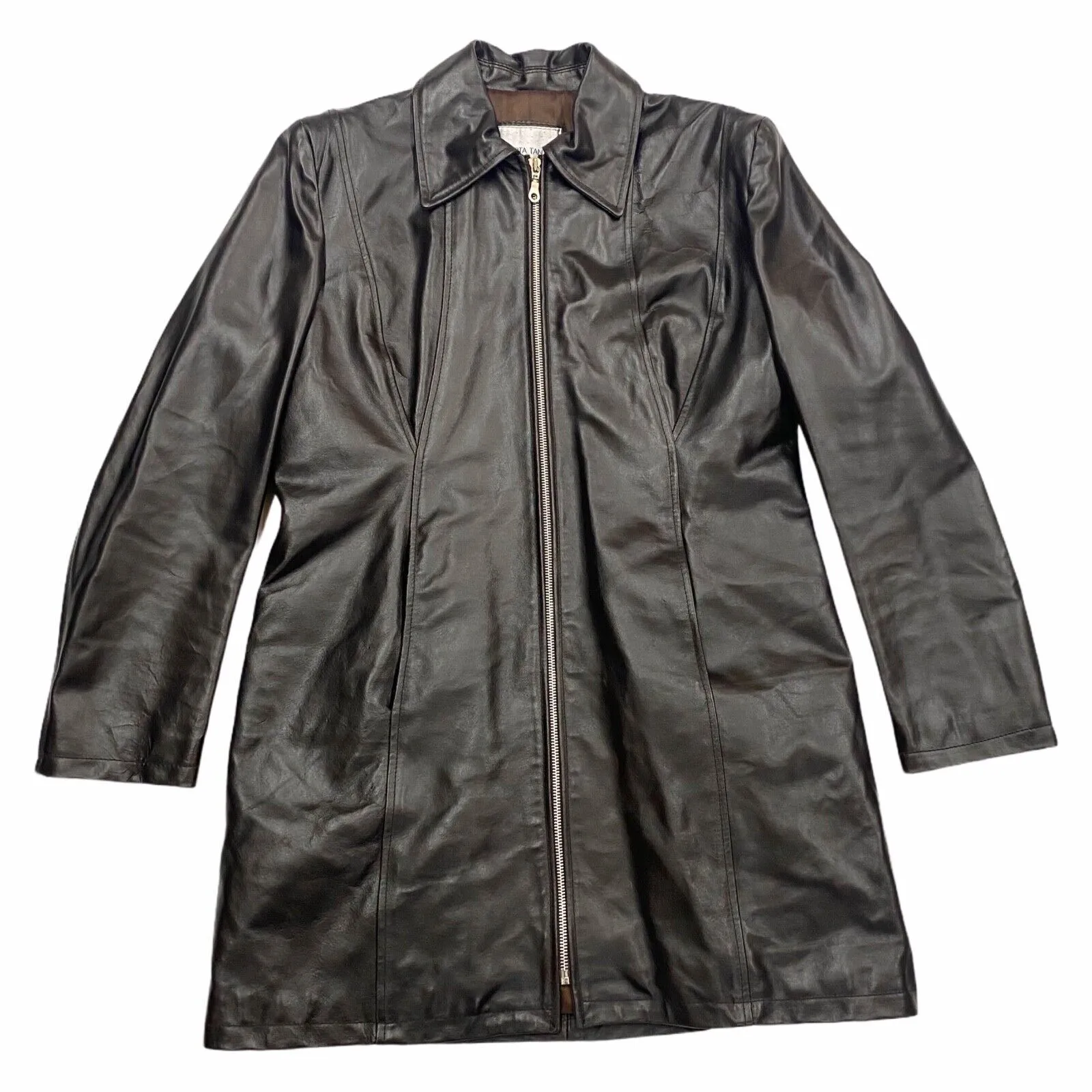 Alberta Tanzini Women's Long Leather Coat | Vintage High End Designer Dark Brown