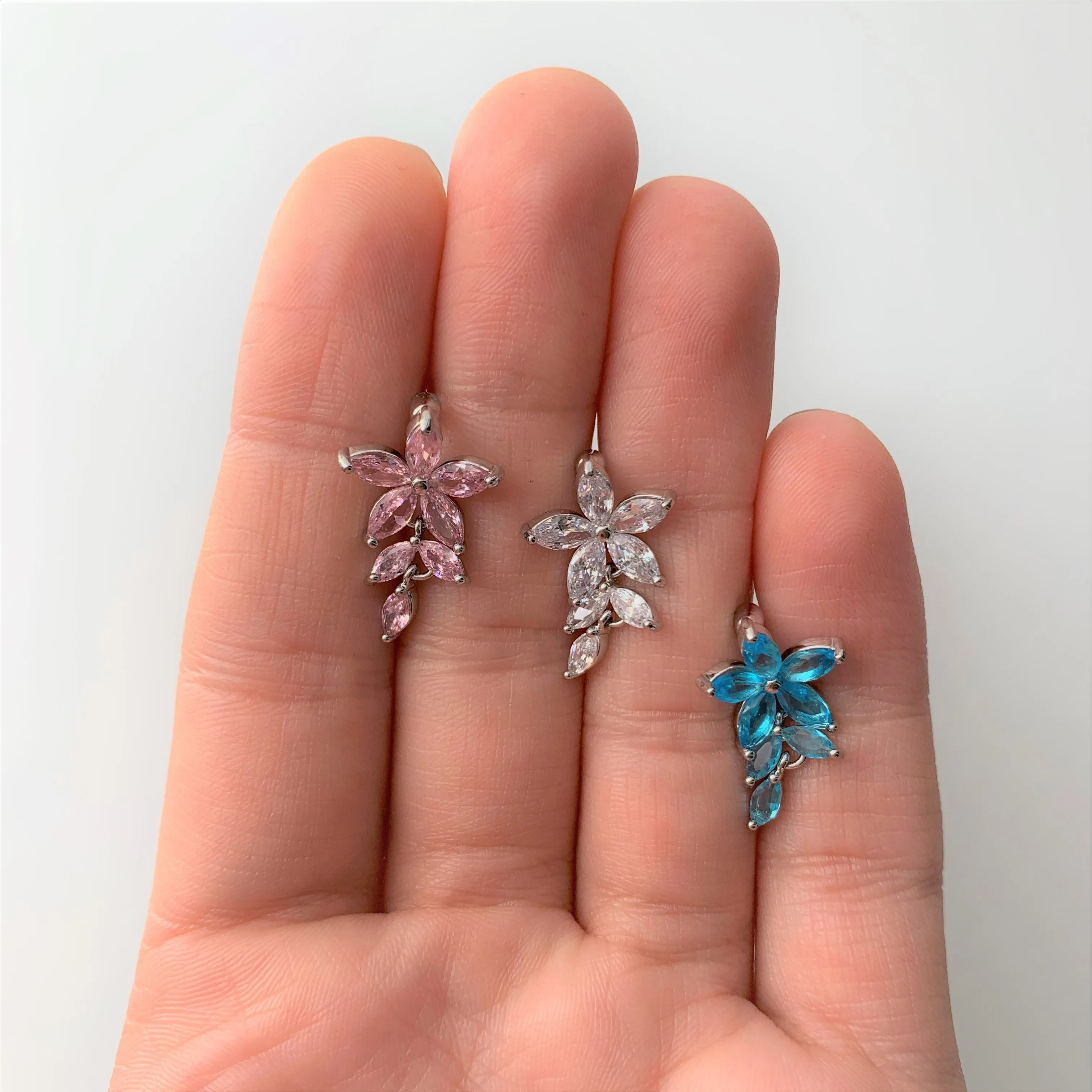 Aqua CZ Gem Fashion Flower Dangle Top Mount Belly Ring