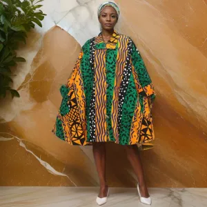 Authentic African Tribal Green Mix-Print Big Button Tunic Short Dress Blouse Top