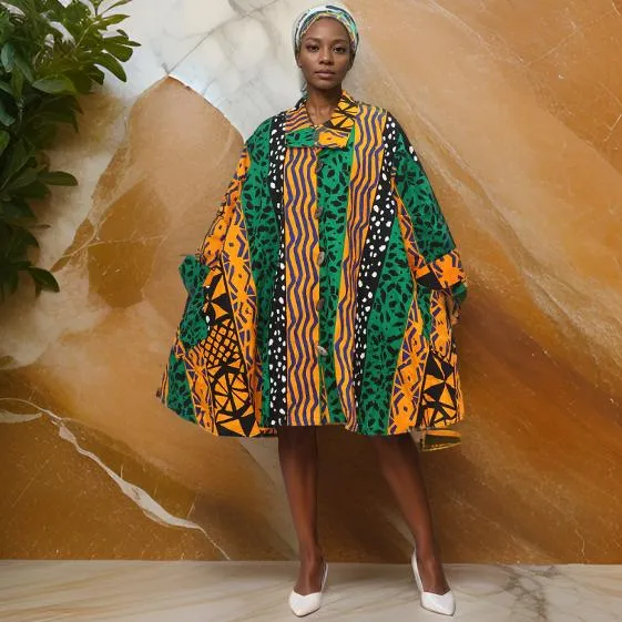 Authentic African Tribal Green Mix-Print Big Button Tunic Short Dress Blouse Top