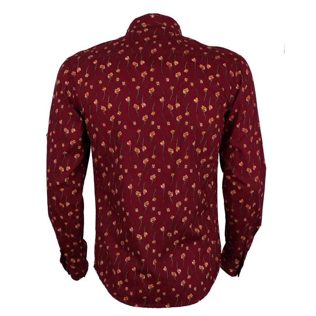 Baijieli Vintage Linen Casual Men Printing Long sleeve Shirts-Red
