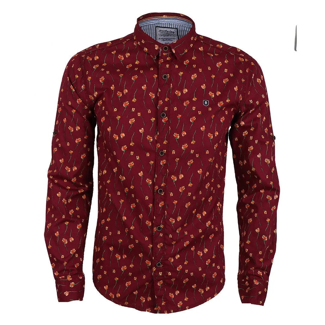 Baijieli Vintage Linen Casual Men Printing Long sleeve Shirts-Red