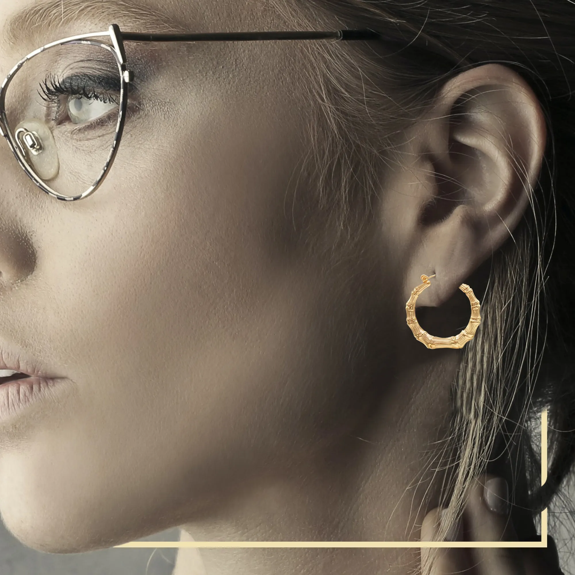 Bamboo Hoop Earrings 14K Gold Plated Women Jewelry 40 mm