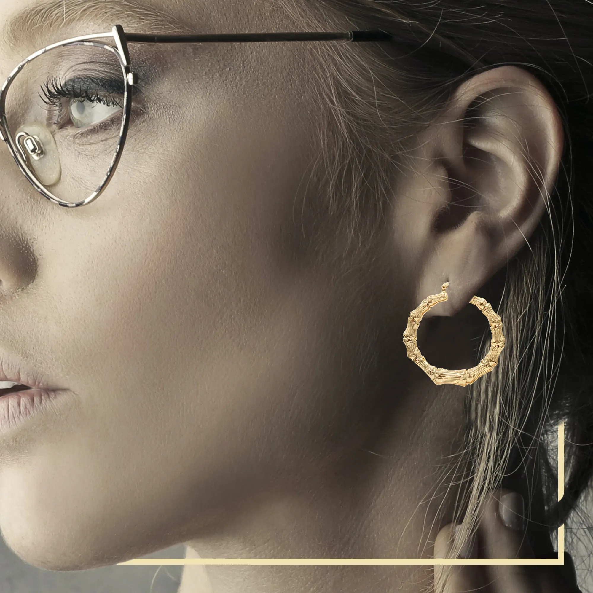 Bamboo Hoop Earrings 14K Gold Plated Women Jewelry 50 mm