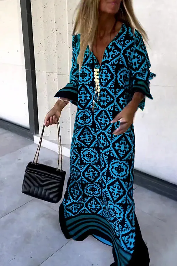 Basically Perfect Geometry Printed Long Sleeve Casual Maxi Dress
