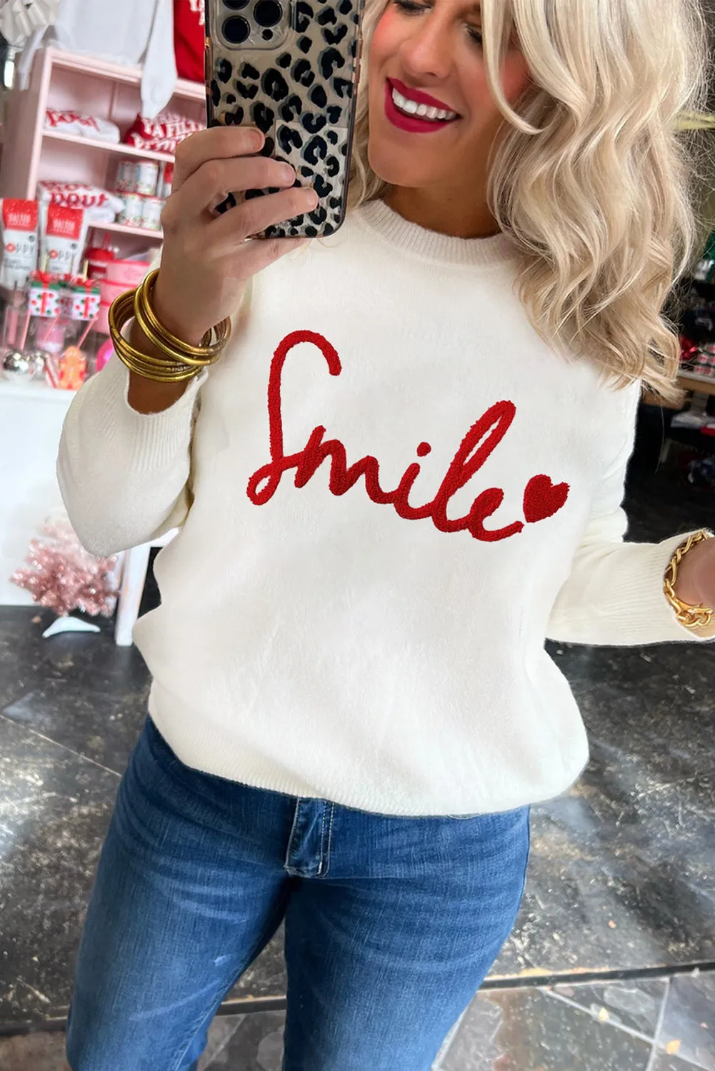 Beige Holly Jolly Round Neck Casual Sweater