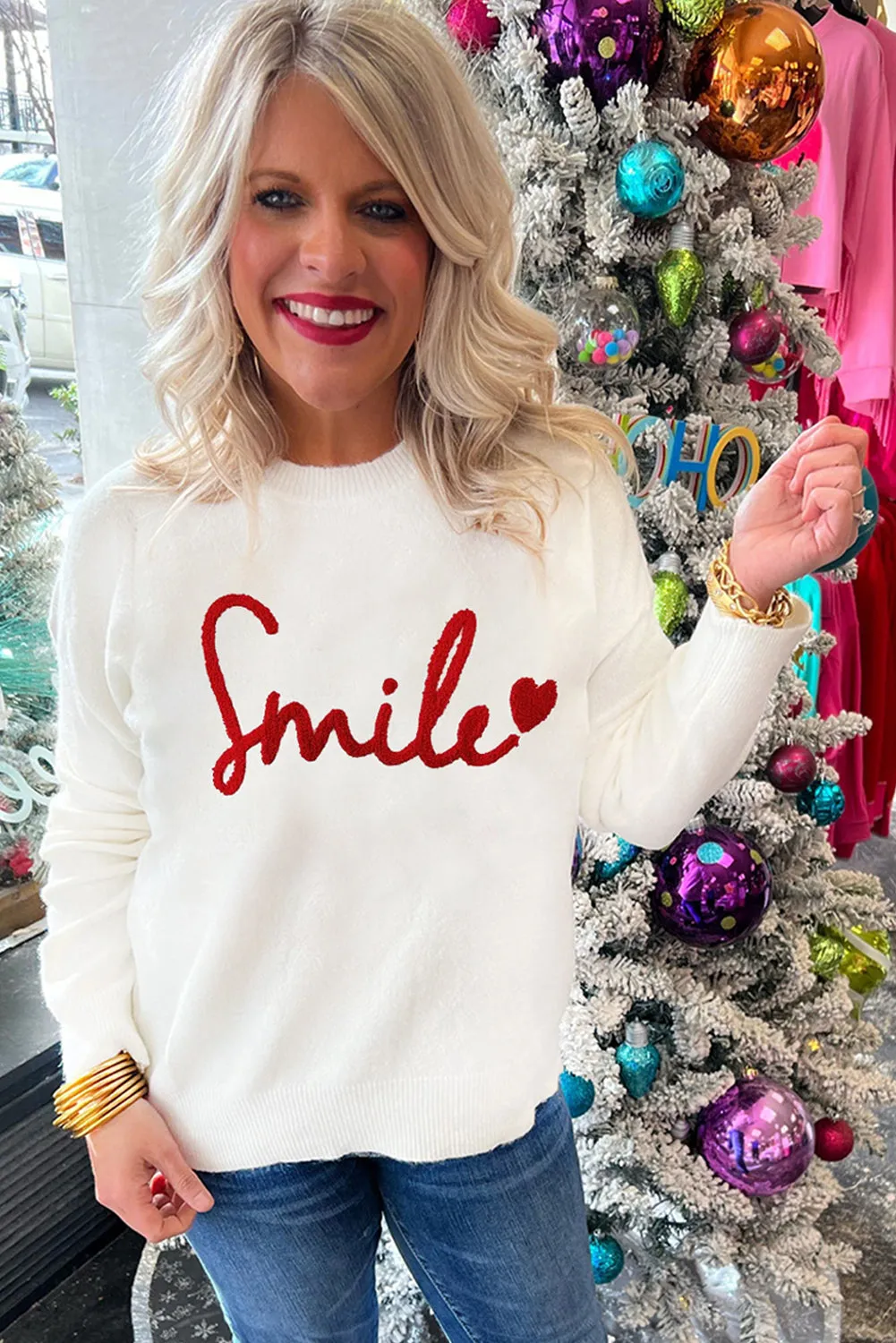 Beige Holly Jolly Round Neck Casual Sweater