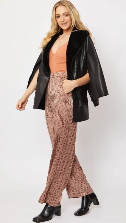 Black Faux Leather Cape Jacket with Removable Fur Collar