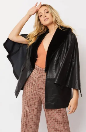 Black Faux Leather Cape Jacket with Removable Fur Collar