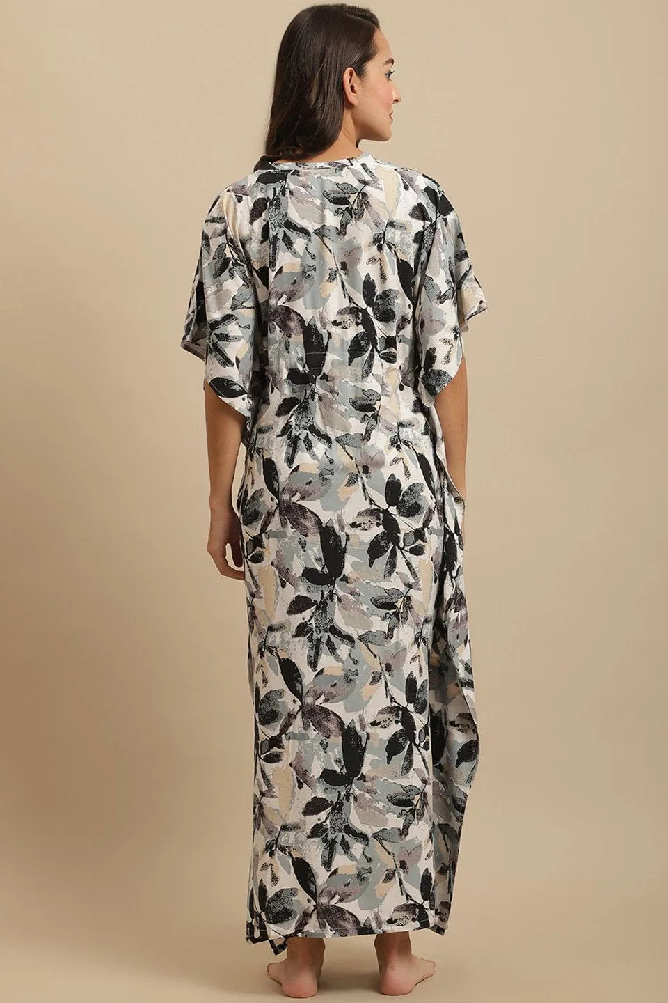 Black Floral Printed Viscose Rayon Kaftan For Women