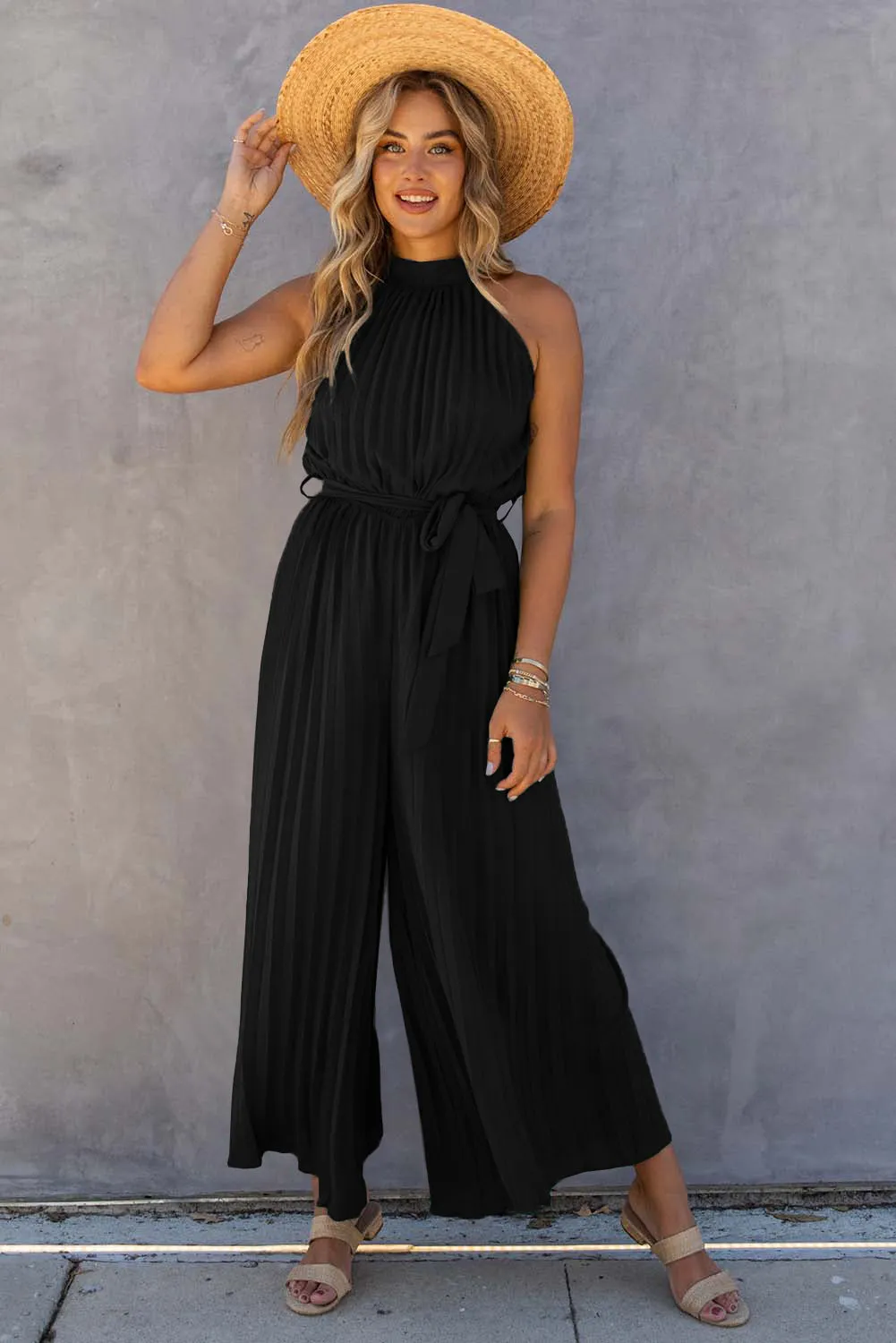 Black Pleated Wide Leg Jumpsuit