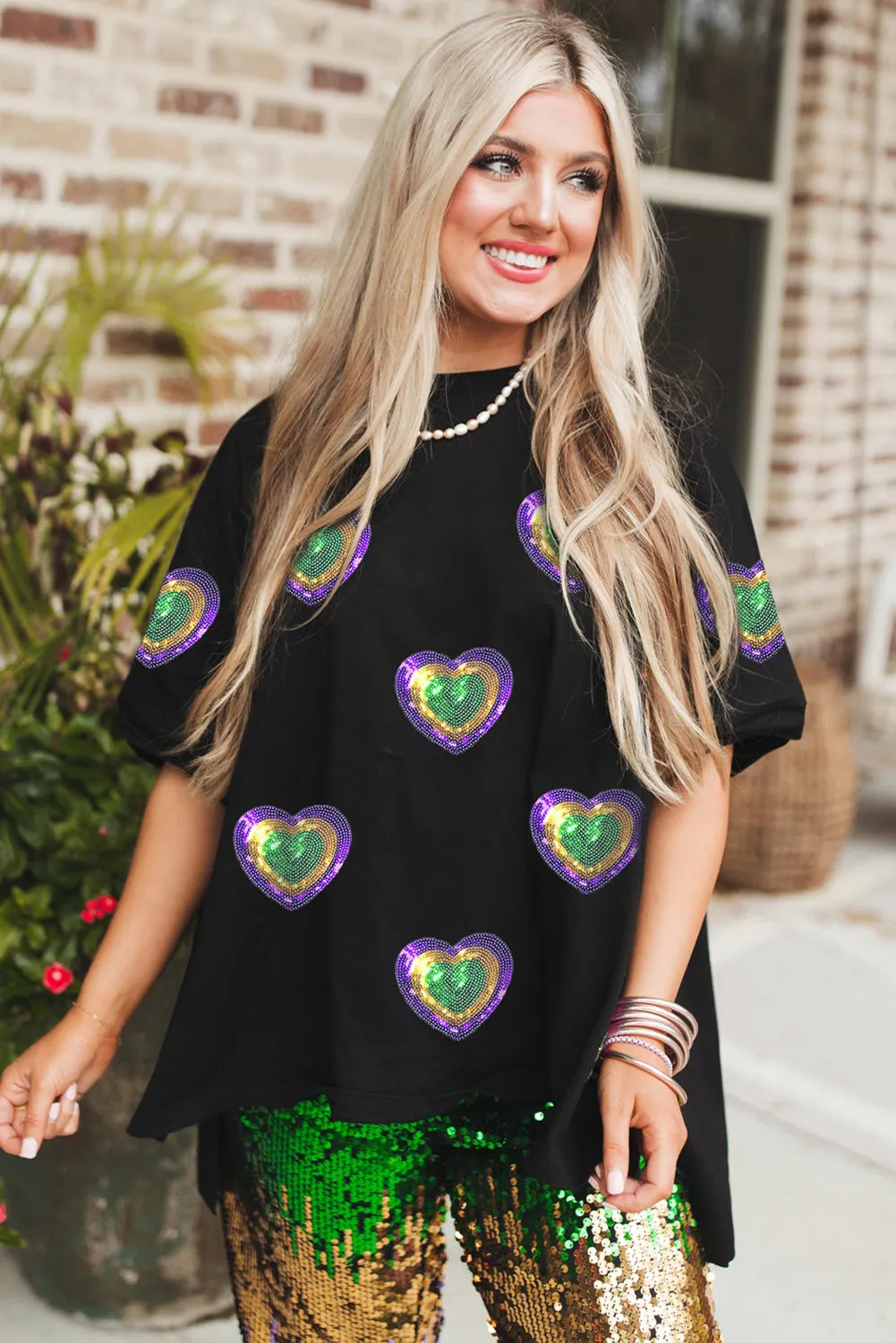 Black Sequin Mardi Gras Heart Patched Oversized T Shirt