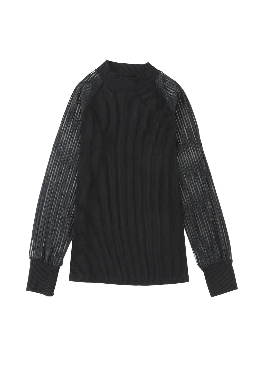 Black Striped Sheer Mesh Long Sleeve Crewneck Top