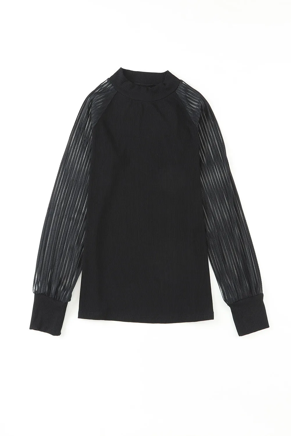 Black Striped Sheer Mesh Long Sleeve Crewneck Top