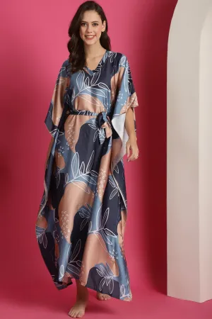 Blue Colour Tropical Printed Silk Satin Kaftan Nightdress