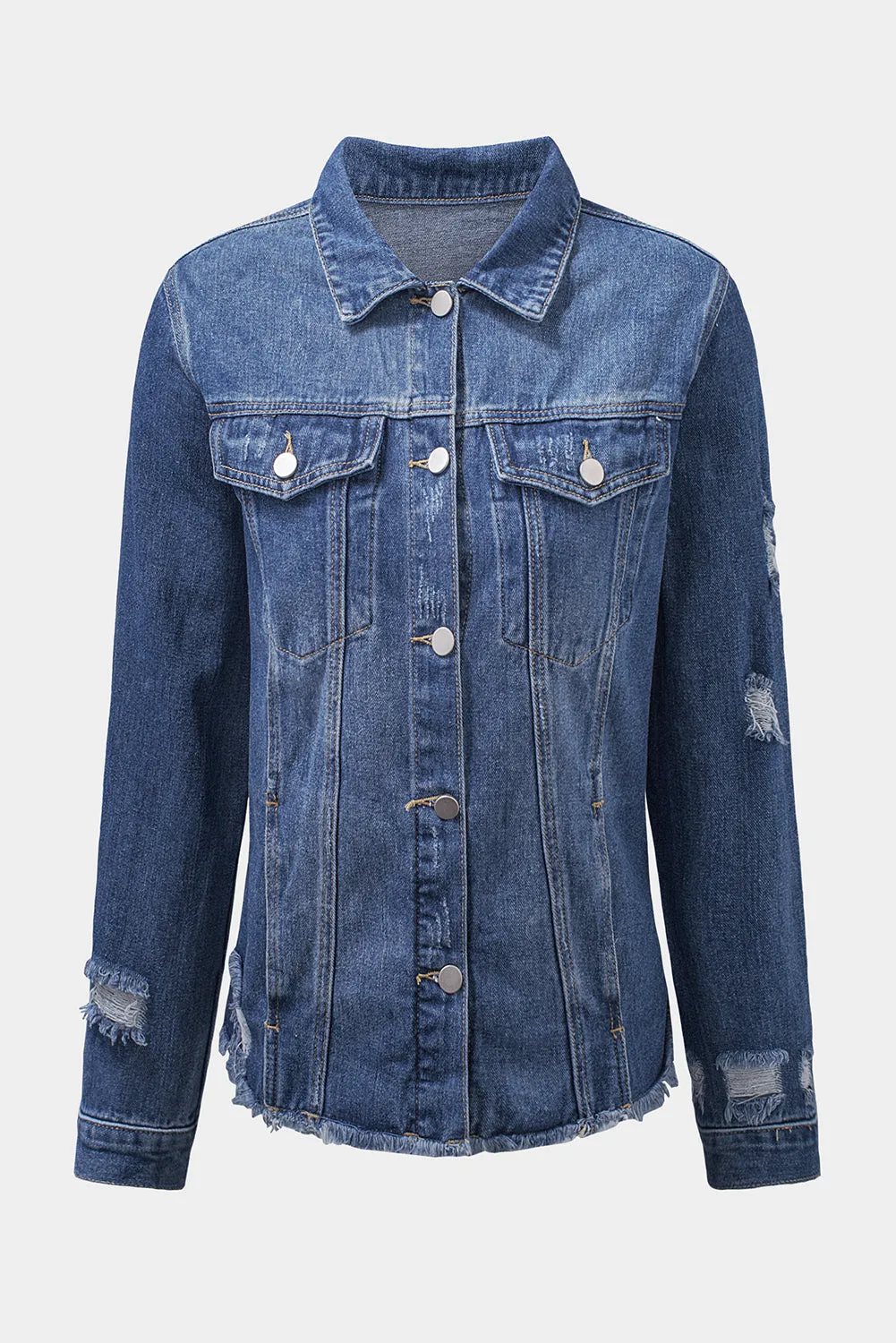 Blue Lapel Raw Hem Buttons Denim Jacket