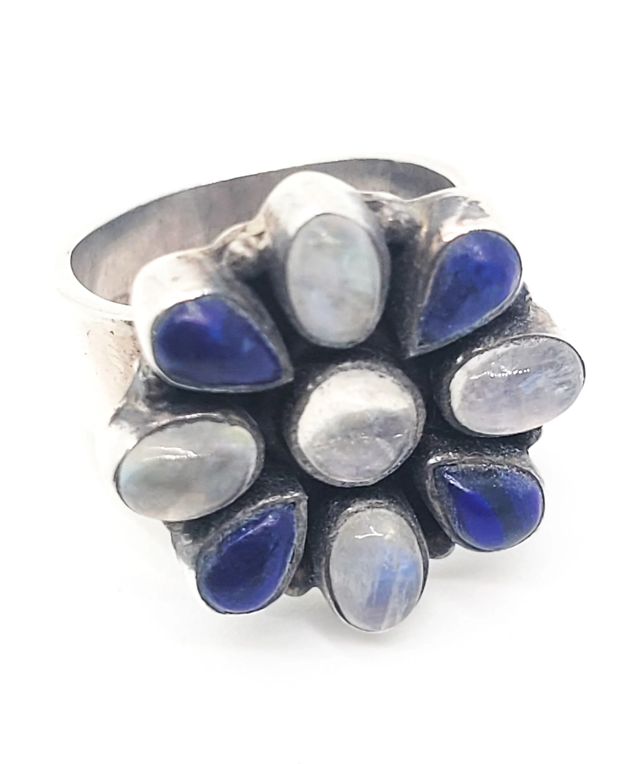 Blue moonstone and lapis lazuli vintage cluster flower sterling silver ring size 7.25