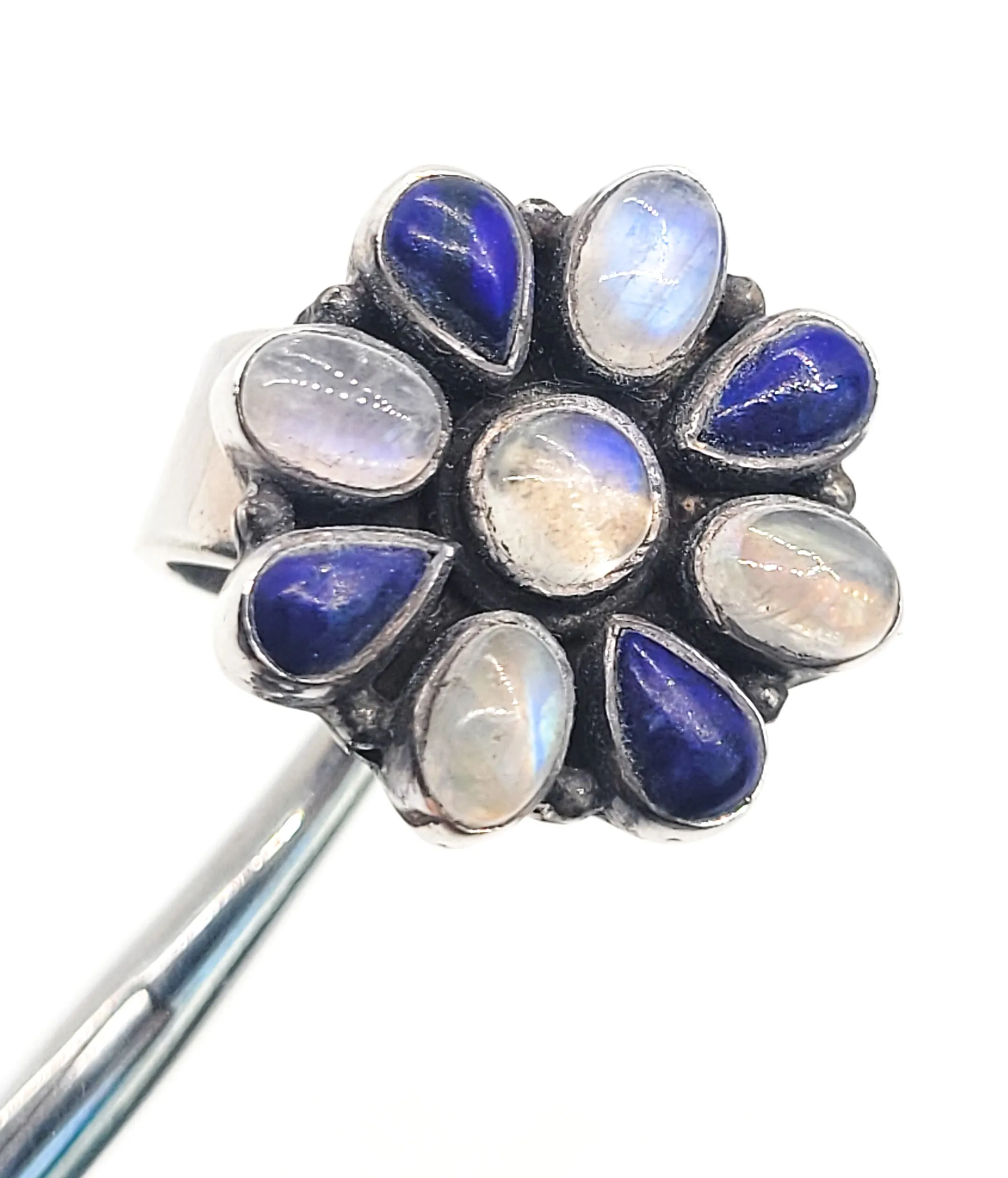 Blue moonstone and lapis lazuli vintage cluster flower sterling silver ring size 7.25