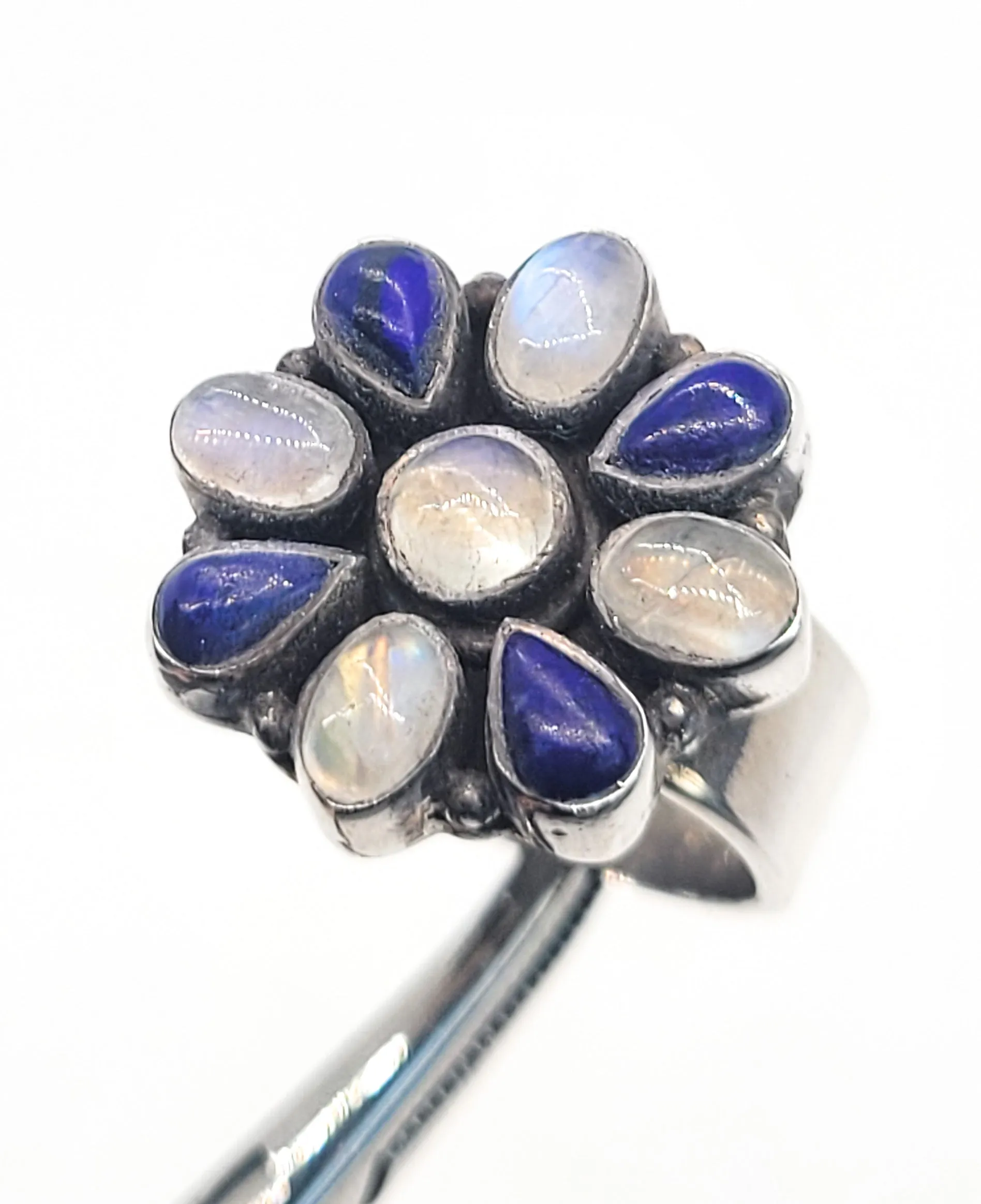 Blue moonstone and lapis lazuli vintage cluster flower sterling silver ring size 7.25