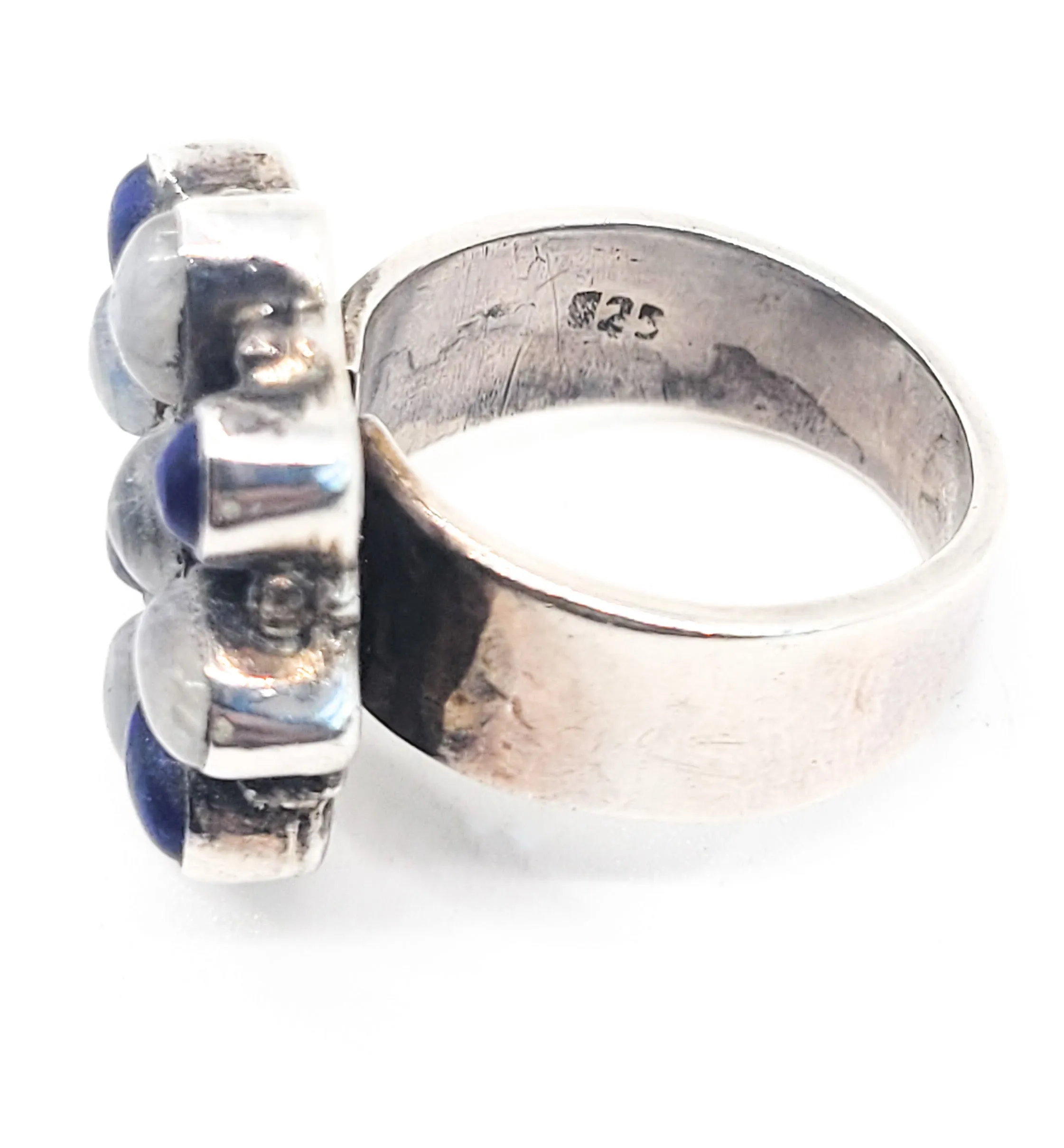 Blue moonstone and lapis lazuli vintage cluster flower sterling silver ring size 7.25