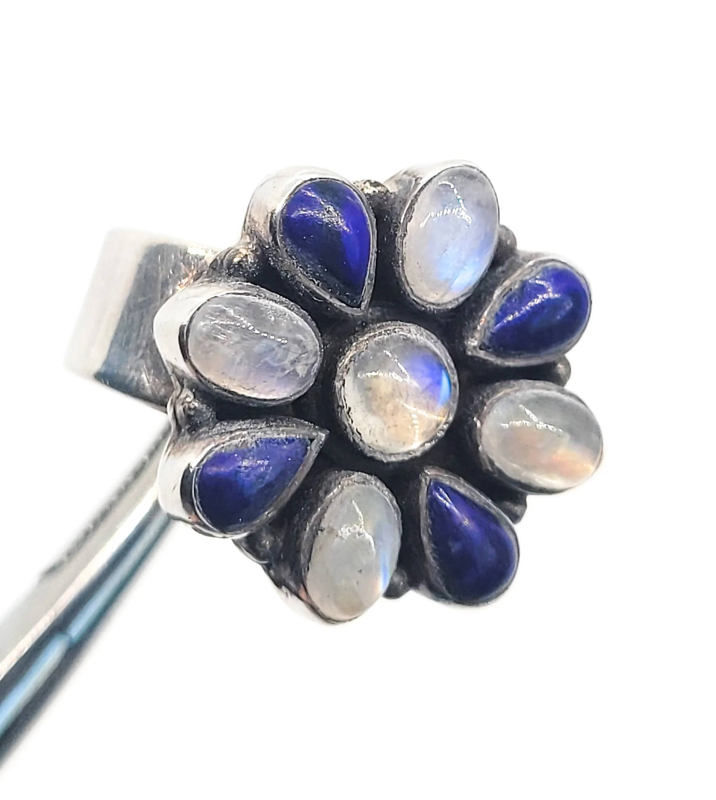 Blue moonstone and lapis lazuli vintage cluster flower sterling silver ring size 7.25