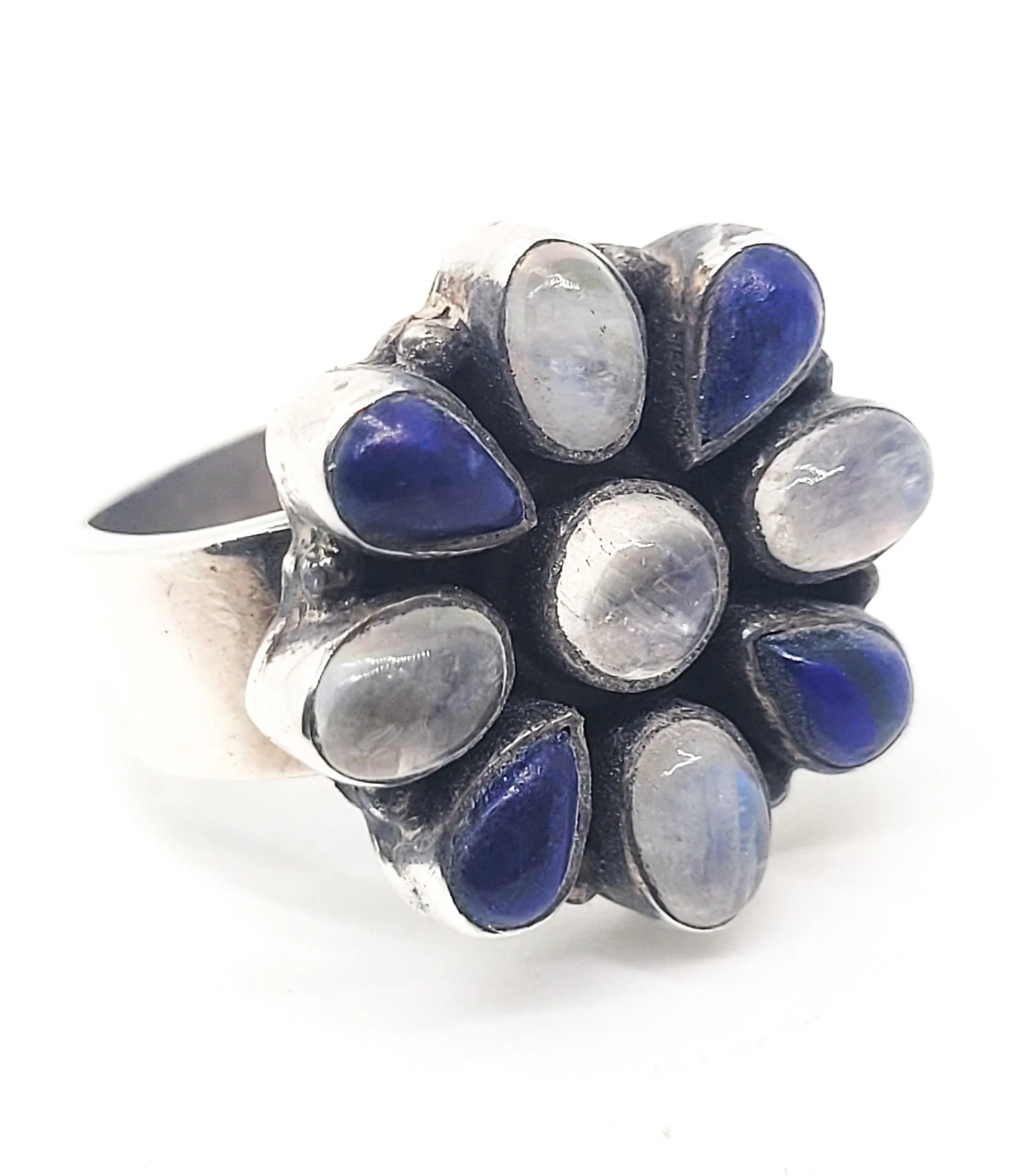 Blue moonstone and lapis lazuli vintage cluster flower sterling silver ring size 7.25
